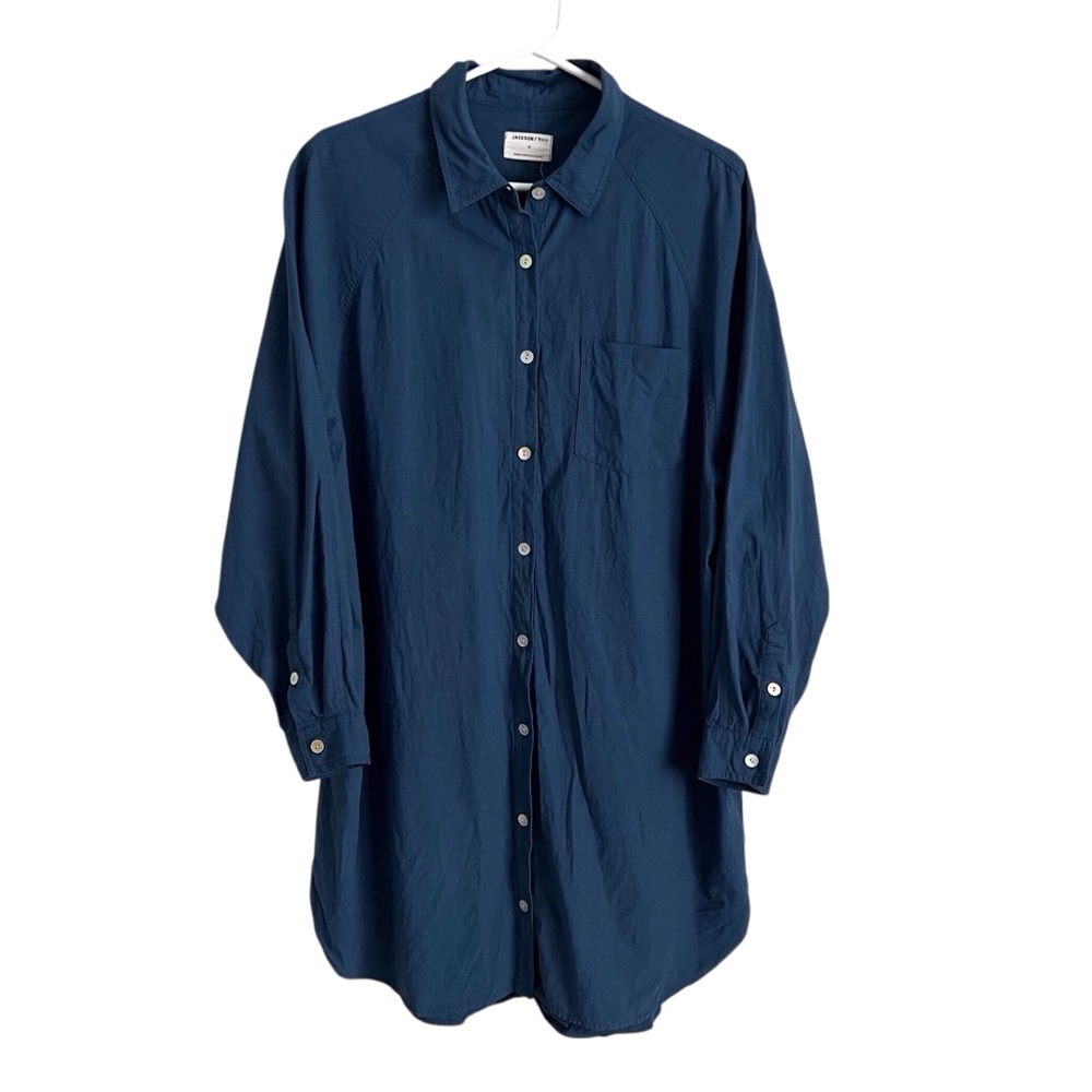 Jackson Rowe Shirt Dress Button Down Blue Preppy Coastal Menswear Mini Medium